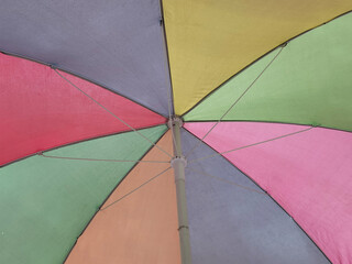 close up of under colorful umbrella of its metal frames