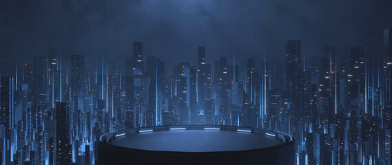 3D Rendering of building deck in mega cyberpunk style city surrounding with many skyscraper towers. For business technology product background, wallpaper