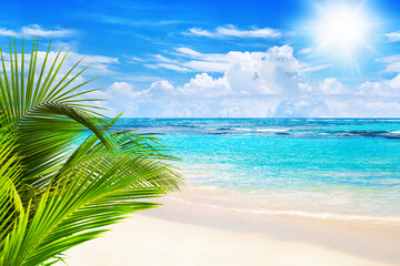 Fototapeta premium Tropical island landscape, exotic sand beach, turquoise sea water ocean waves, sun blue sky white clouds background, beautiful nature view, summer holidays, vacation, travel