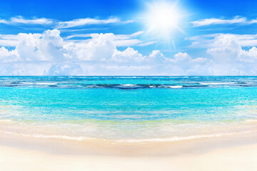 Obraz premium Beautiful tropical sand beach view, exotic island landscape, turquoise sea water ocean wave sun blue sky white cloud background, summer holidays vacation travel, Caribbean nature, Maldives, Seychelles