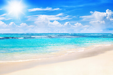 Beautiful tropical sand beach view, exotic island landscape, turquoise sea water ocean wave sun blue sky white cloud background, summer holidays vacation travel, Caribbean nature, Maldives, Seychelles