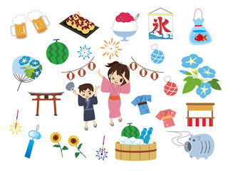 日本の夏祭りイラスト素材セット