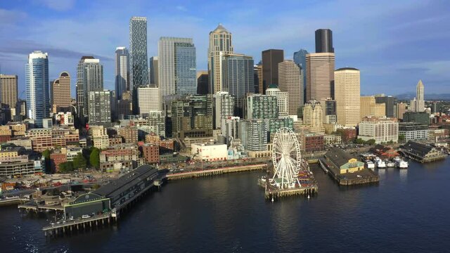 Aerial: Golde Hour View of the Beautiful City of Seattle