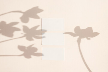 Blank card mockup on light pastel background with moody narcissus flowers shadows and copy space.
