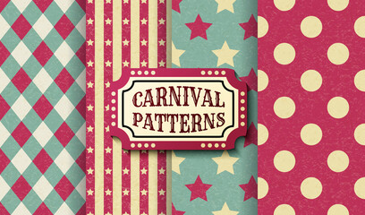 Set of carnival retro vintage seamless patterns. Textured old fashioned circus wallpaper templates. Collection of vector texture background tiles. For parties, birthdays, decorative elements.