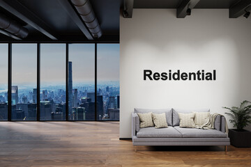 modern luxury loft with skyline view and vintage couch, wall with residential lettering, 3D Illustration