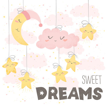 Vector illustration with cute hand drawn cartoon clouds, moon, stars and lettering Sweet dreams isolated on white background. Design for print, fabric, wallpaper, card, baby room decoration