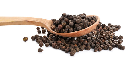 Spoon with peppercorns on white background