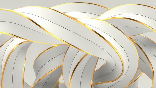 Abstract background made of white and gold rope. Luxury wallpaper design for prints, wall art and home decor, cover design and packaging. 3D rendering