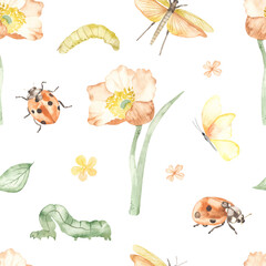 Watercolor seamless pattern with flower, insects, ladybug, caterpillars, butterfly, grasshopper on white background