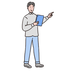 タブレットを見ながら指さしをしている年配の男性