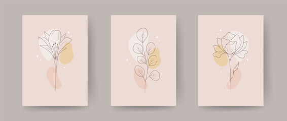 Collection of contemporary flower posters. Hand drawn abstract botanical elements. Minimal interior design and natural wall art. Modern vector illustration.