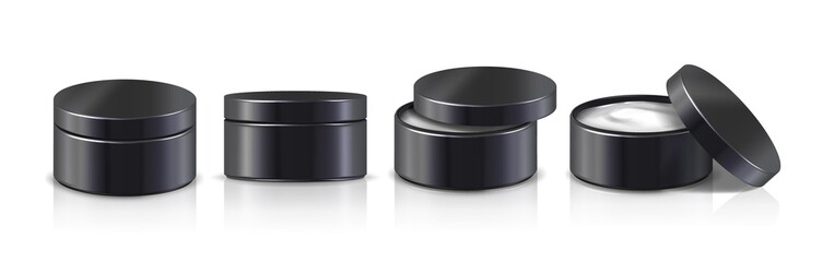3d realistic vector black cosmetic cream bottles in front view with open and closed cap.