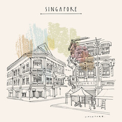 Vector Singapore touristic vacation guide illustration. Singapore cityscape, old town retro poster. Artistic  travel sketch. Hand drawn vintage touristic postcard, poster, booklet illustration