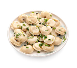 Plate with tasty dumplings on white background
