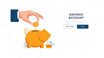 Savings account landing page template. Businessman's hand puts coin into the piggy bank for saving up money. financial services, management business, savings account for web. Flat vector illustration