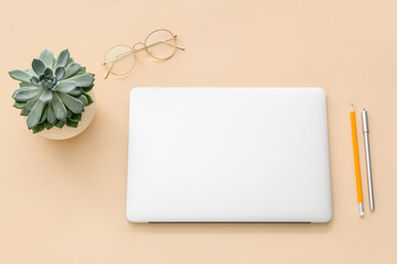 Composition with modern laptop, eyeglasses, pencils and houseplant on color background
