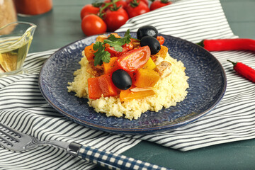 Plate with tasty couscous on color wooden background