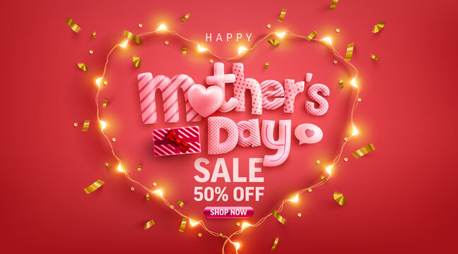 Mother's Day Sale 50% off Poster or banner with love heart and symbol of heart from LED lights on red background.Promotion and shopping template or background for Love and Mother's day concept.