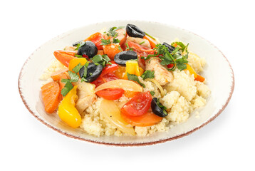 Plate with couscous and vegetables on white background