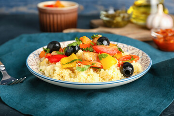 Plate with couscous and vegetables on table