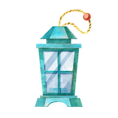 Turquoise wooden lantern. Lamp, candle holder interior decoration in the Scandinavian style. Hand-drawn watercolor illustration, isolated on a white background. For postcards, posters, stickers.