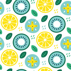 Seamless cute vector floral summer pattern with fruits lemon, kiwi, flowers, plants, leaves