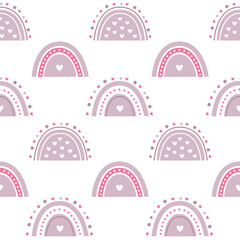 Seamless celestial cute vector pattern with rainbows, rain, stars, hearts