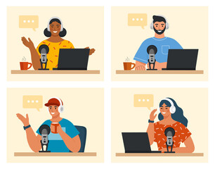Collection of radio hosts sitting with headphones and microphones recording audio podcast in studio. Modern concept of radio broadcasting. Flat vector illustration.