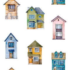 Watercolor seamless pattern with houses on white background.