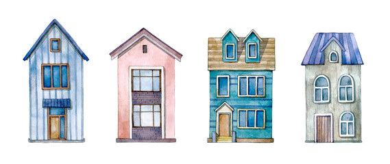 Naklejka premium Colorful watercolor houses, hand painted illustration.