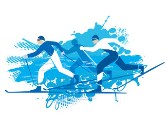 Cross Country Skiers, competition.
A expressive blue drawing of three cross-country ski competitors. Vector available. - obrazy, fototapety, plakaty