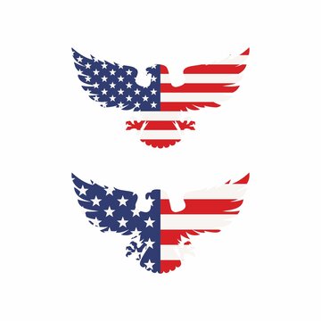 Set of color illustrations of an eagle, flag on a white background. Vector illustration in vintage style for emblem, poster, label, badge. Symbols of the USA. Independence Day.