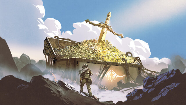 the hunter found a huge treasure chest on the mountain, digital art style, illustration painting