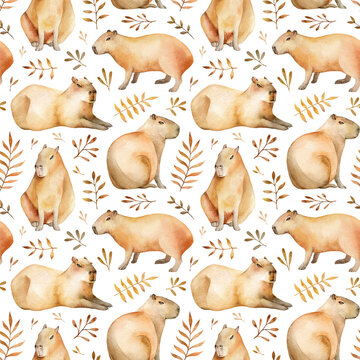 Watercolor seamless pattern with capybaras and leafs on a white background.