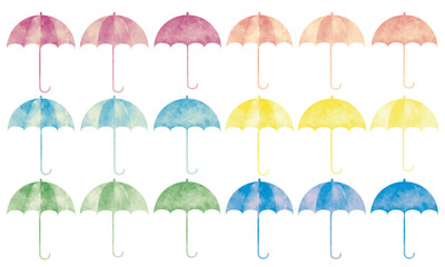 水彩風 傘いろいろ（ムラサキ・ピンク・アオ・キイロ・キミドリ）Watercolor Balloon Series:Various umbrellas (purple, pink, blue, yellow, light green) © kanichi