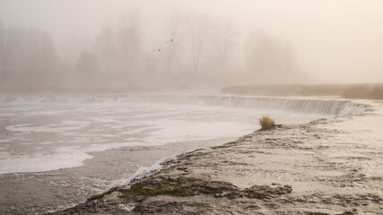 Venta waterfall in the fog, Kuldiga, Latvia