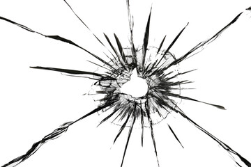 Fototapeta na wymiar The effect of cracks on broken glass from a shot of a weapon. A hole in the glass of the bullet