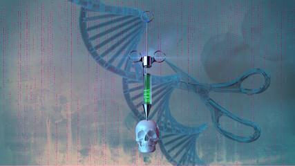 DNA / RNA / mRNA CRISPR Genschere [Konzept Gentechnik + Genmanipulation] 3D-Render-Illustration mit Schädel und Spritze