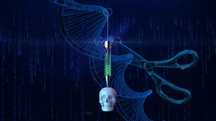 DNA / RNA / mRNA CRISPR Genschere [Konzept Gentechnik + Genmanipulation] 3D-Render-Illustration mit Schädel und Spritze