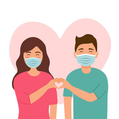 Obraz premium Man and woman wearing medical mask and show a message of love hand gesture together. Hand fold into heart symbol vector illustration. Valentine’s Day concept.