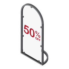 White sandwich board with sale 50% discount. Advertising stand. Mobility signboard