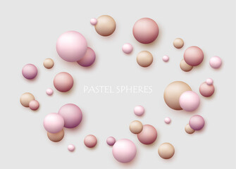 Vector dynamic background with colorful realistic 3d balls. Round sphere in pearls pastel colors on backdrop. Powder balls, foundation, powder, blush, meteorites.