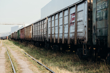 Fototapeta na wymiar young woman girl hanging on the wagon of a freight freight train green. transportation, transportation, 