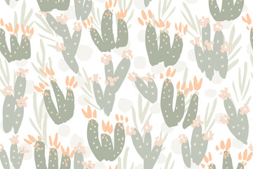 Sweet painted cactus garden in pastel pinks and green over white background. Hand-drawn subtle floral cacti seamless vector pattern. Great for home décor, fabric, wallpaper, gift wrap, stationery, etc © Kashmira