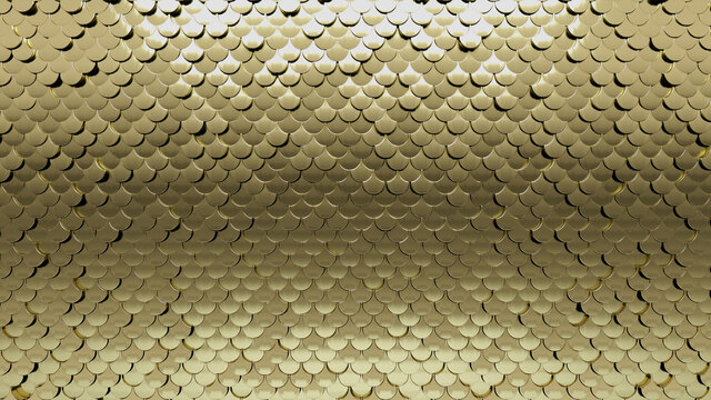 Glossy Tiles arranged to create a Fish Scale wall. Luxurious, 3D Background formed from Gold blocks. 3D Render