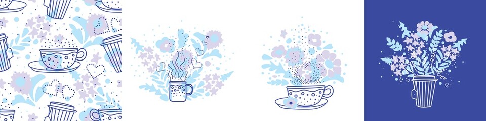 set of vector posters with a cup of tea, a teapot on a background of flowers, seamless pattern. Suitable for postcards, posters, social media posts, greeting cards, invitations