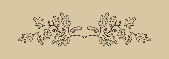Decorative border element with oak leaves and acorns. Elegant botanical decoration for invitations, greetings, cards, covers, packaging, posters. Vector illustration