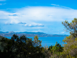 Obraz na płótnie Canvas Impressive landscapes with maquis bushes of Corsica. View of the mediterranean sea between the mountains. Near Saint Florent, Cap Corse, France.