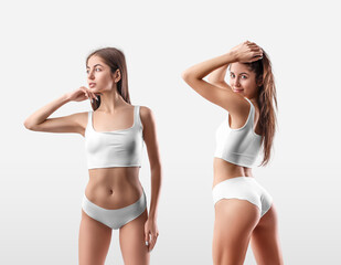 Mockup of white top and panties on sexy girl isolated on background. Set
